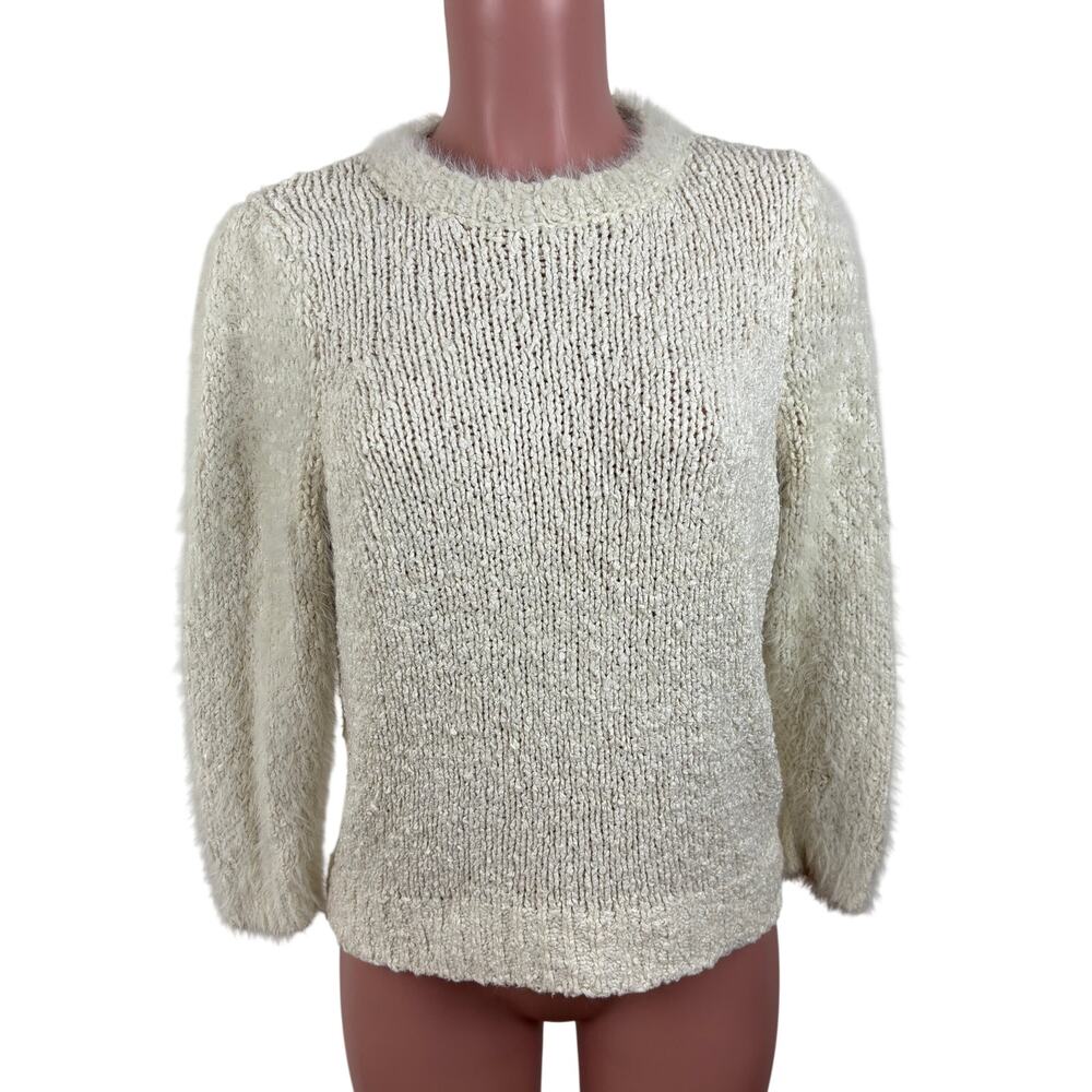 Anthropologie Cream Fuzzy Crewneck Sweater Small puff shoulder cotton blend